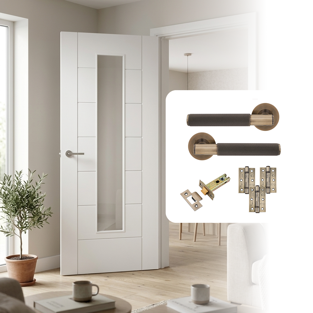 Fully Finished Laminate Linear Glazed 7 Panel White Internal Door with Handle Pack