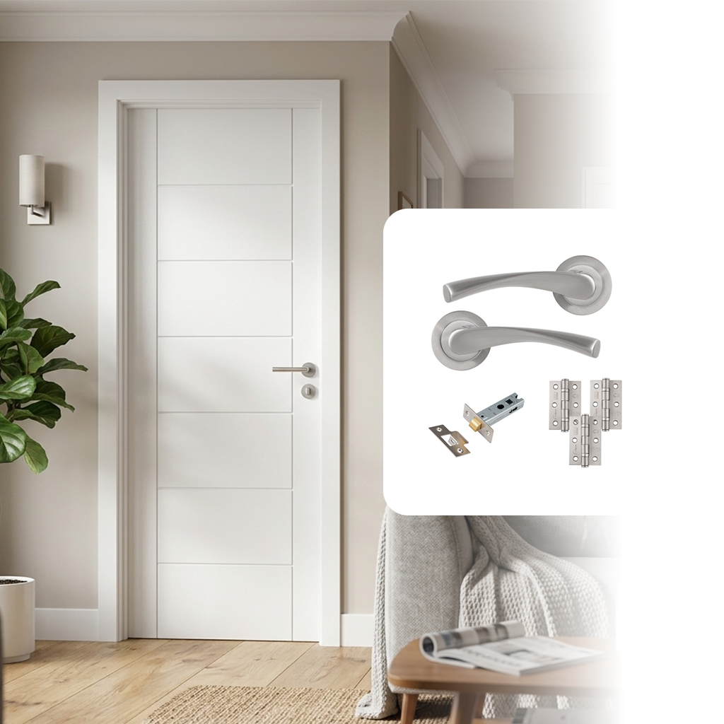 Fully Finished Laminate Linear 7 Panel White Internal Door with Handle Pack
