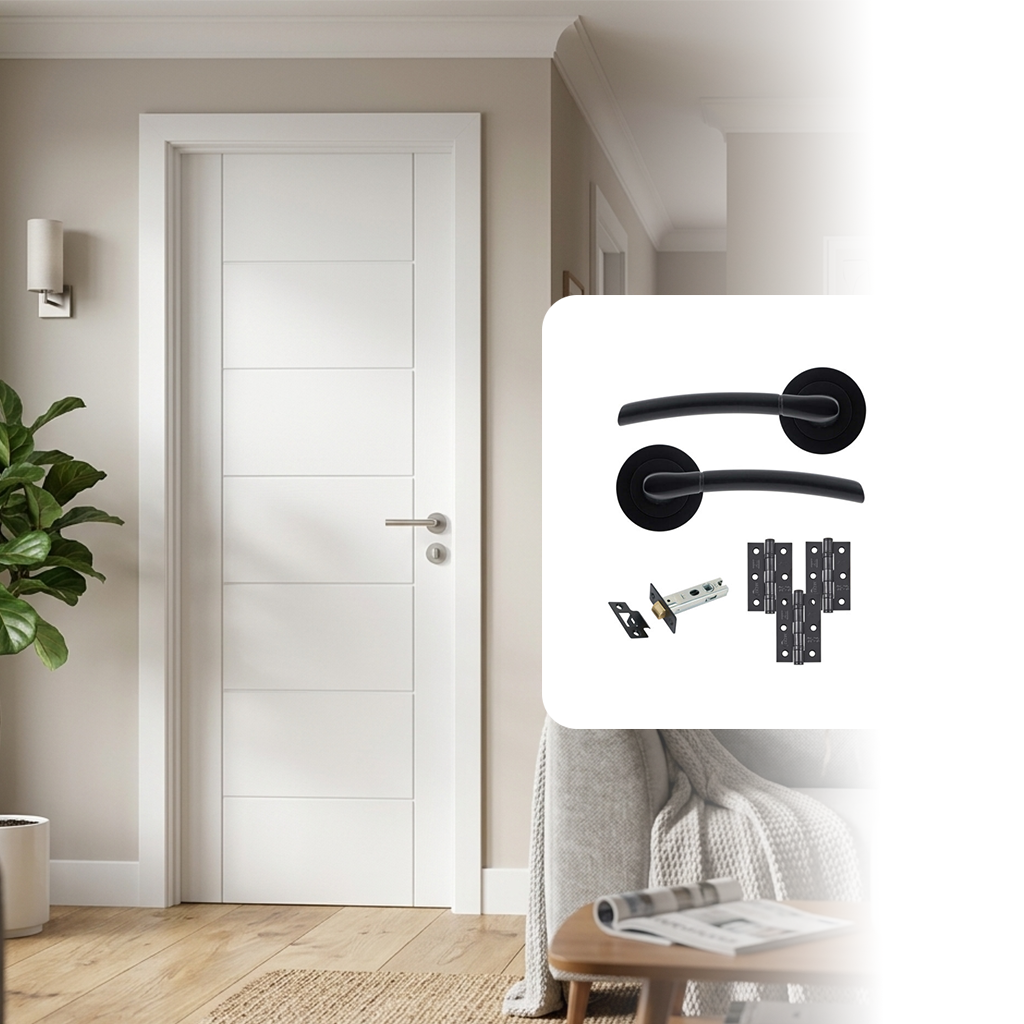 Fully Finished Laminate Linear 7 Panel White Internal Door with Handle Pack