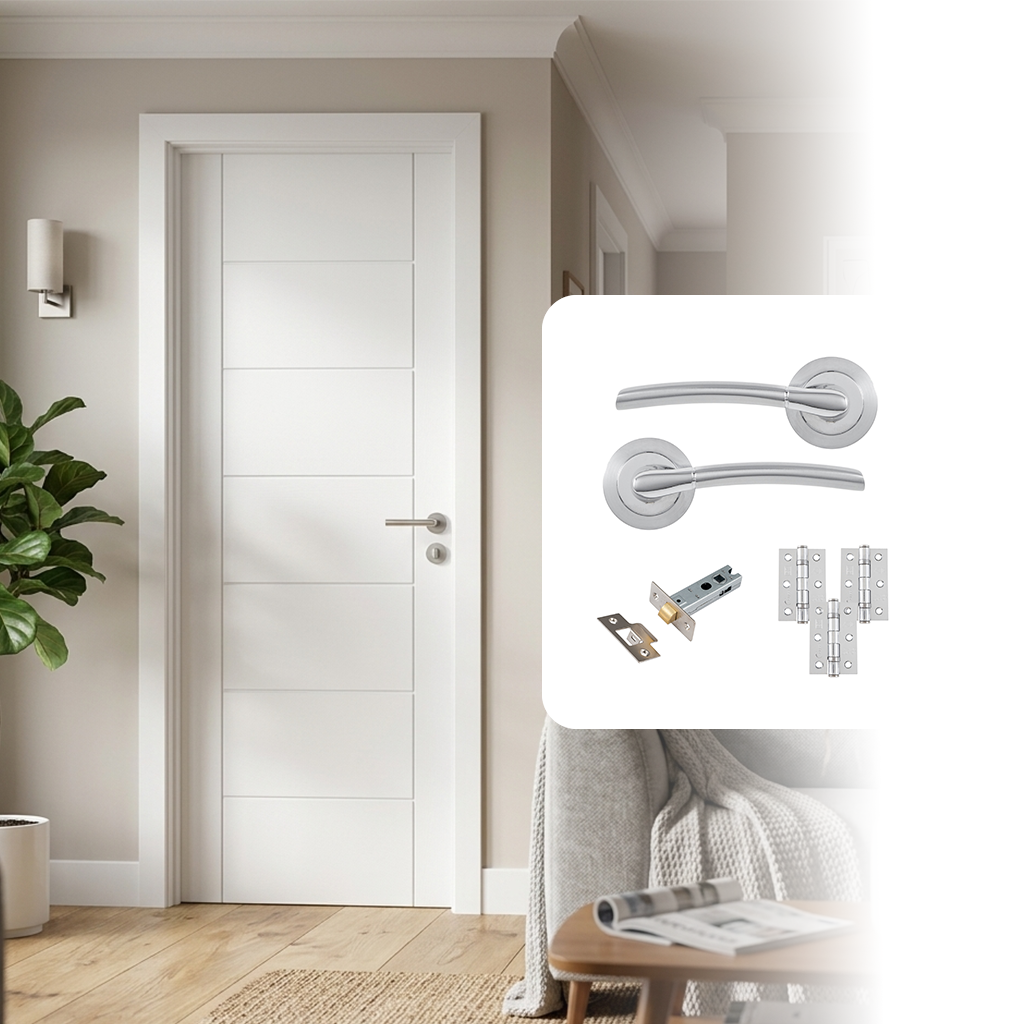 Fully Finished Laminate Linear 7 Panel White Internal Door with Handle Pack