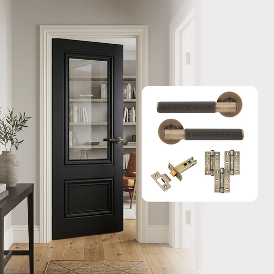 Fully Finished Black Laminate 1L Clear Glazed Lyon Internal Door with Handle Pack