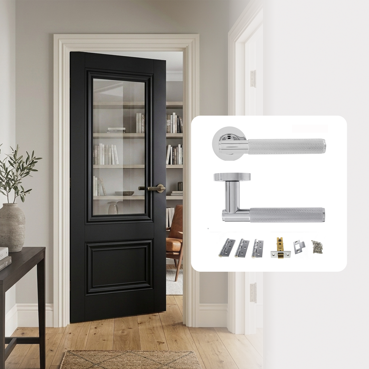 Fully Finished Black Laminate 1L Clear Glazed Lyon Internal Door with Handle Pack