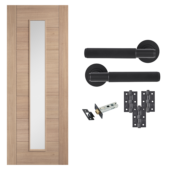 Unfinished Oak Carini 1L Glazed 7 Panel Internal Door with Handle Pack