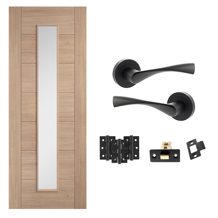 Unfinished Oak Carini 1L Glazed 7 Panel Internal Door with Handle Pack