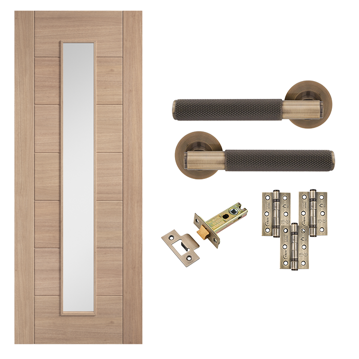 Unfinished Oak Carini 1L Glazed 7 Panel Internal Door with Handle Pack