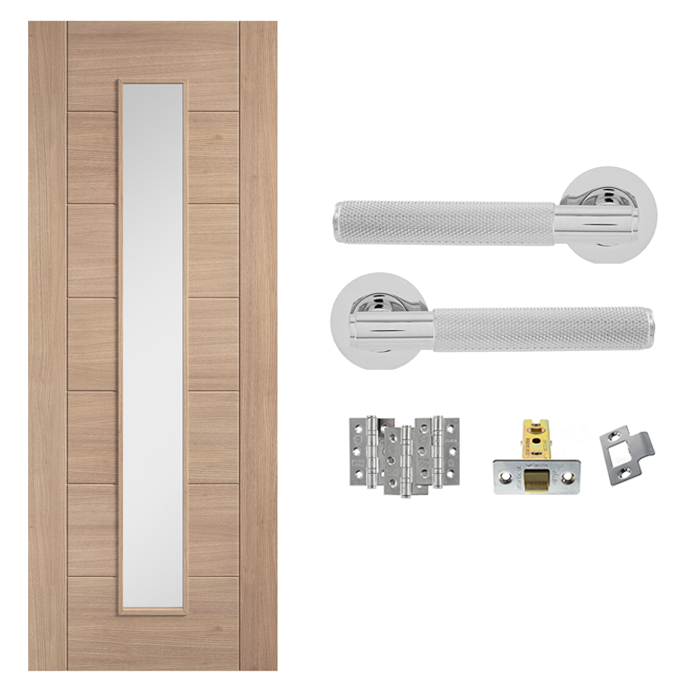 Unfinished Oak Carini 1L Glazed 7 Panel Internal Door with Handle Pack
