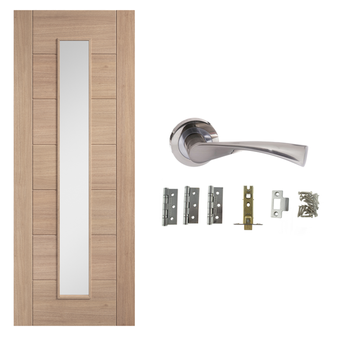 Unfinished Oak Carini 1L Glazed 7 Panel Internal Door with Handle Pack