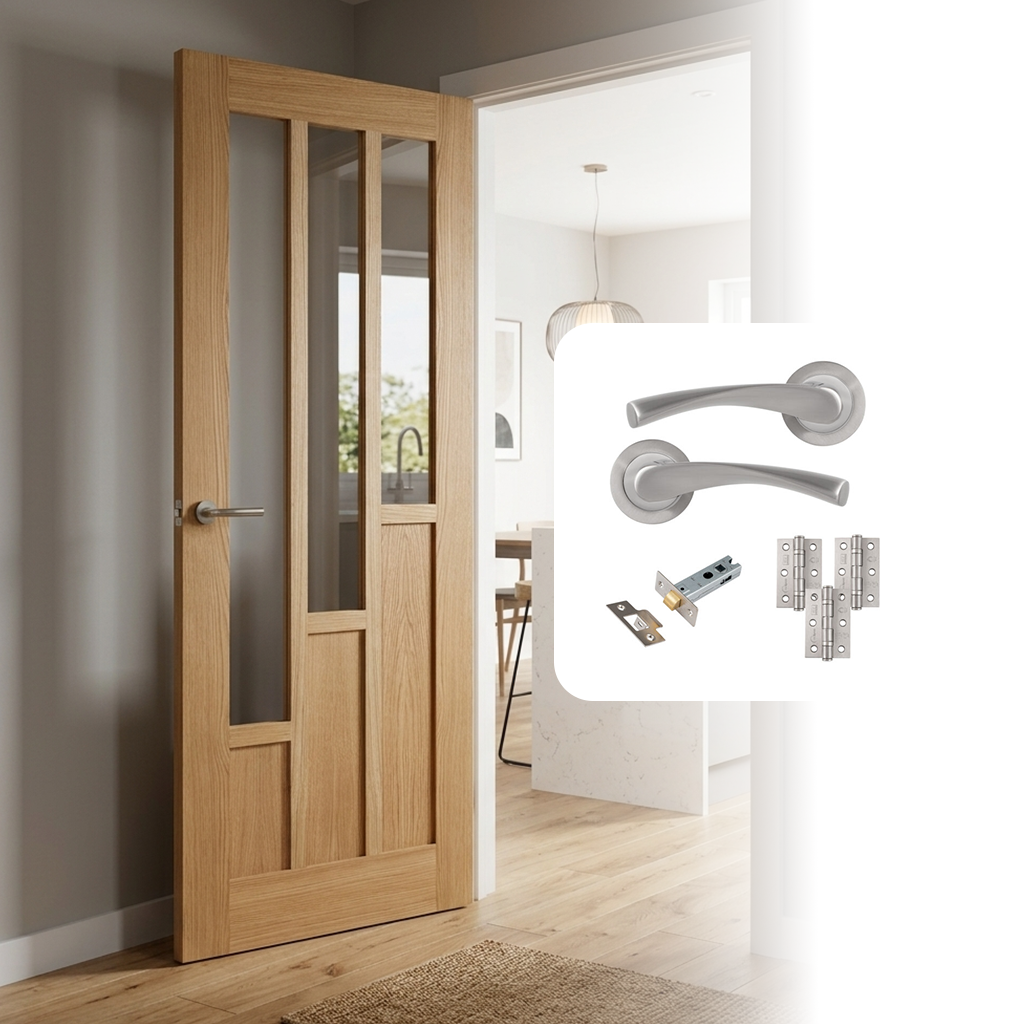 Fully Finished Oak Coventry Glazed 3L Internal Door with Handle Pack