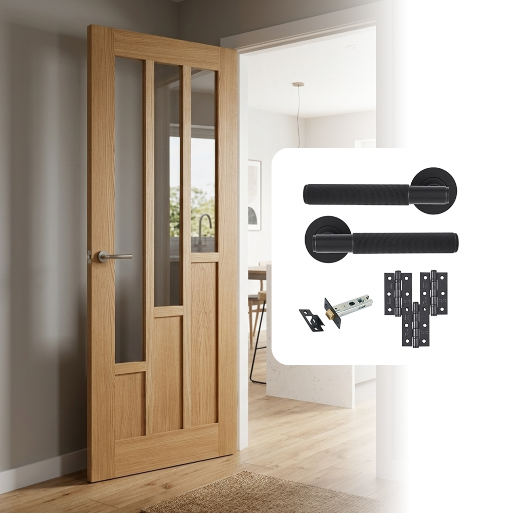 Fully Finished Oak Coventry Glazed 3L Internal Door with Handle Pack