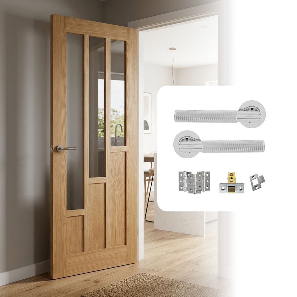 Fully Finished Oak Coventry Glazed 3L Internal Door with Handle Pack