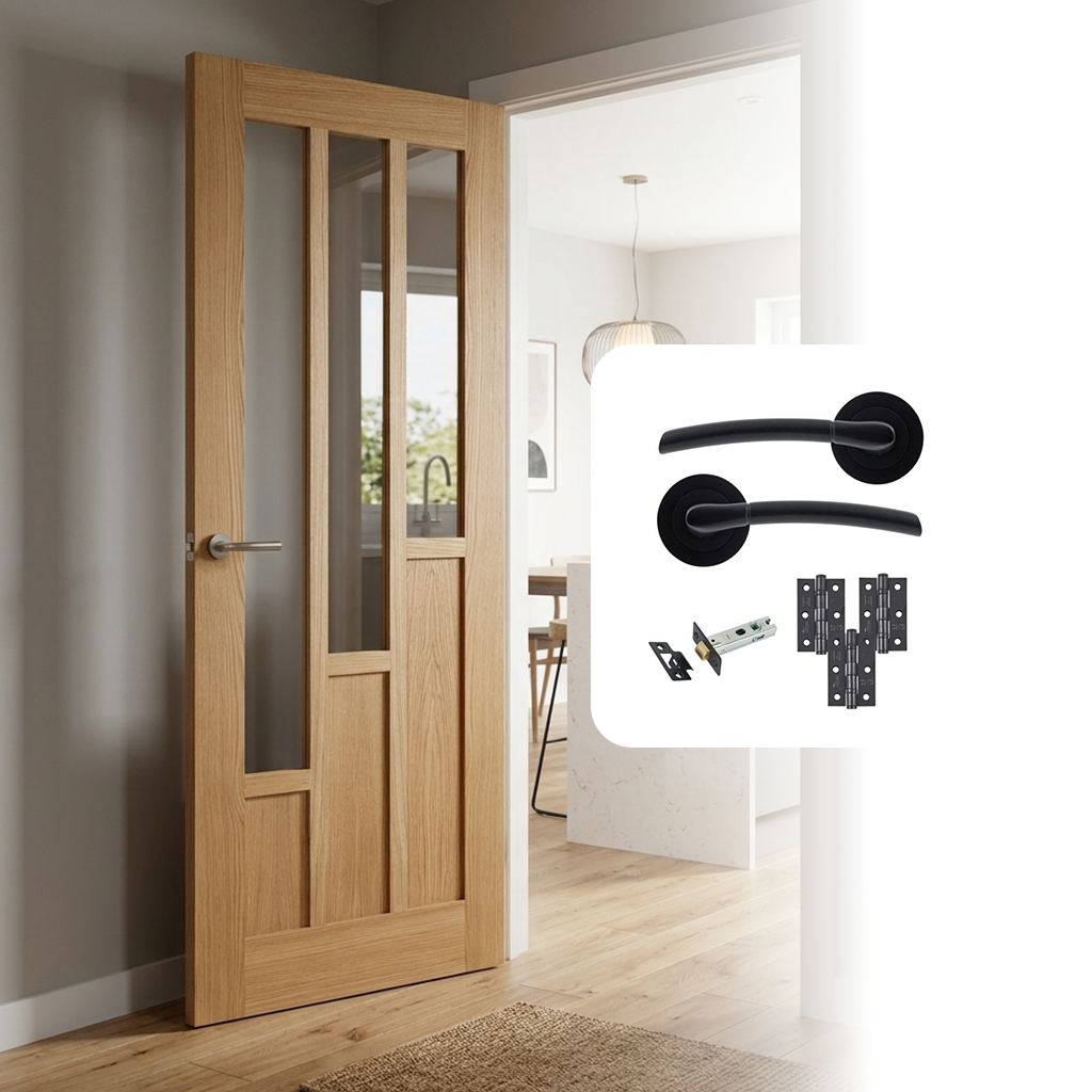 Fully Finished Oak Coventry Glazed 3L Internal Door with Handle Pack