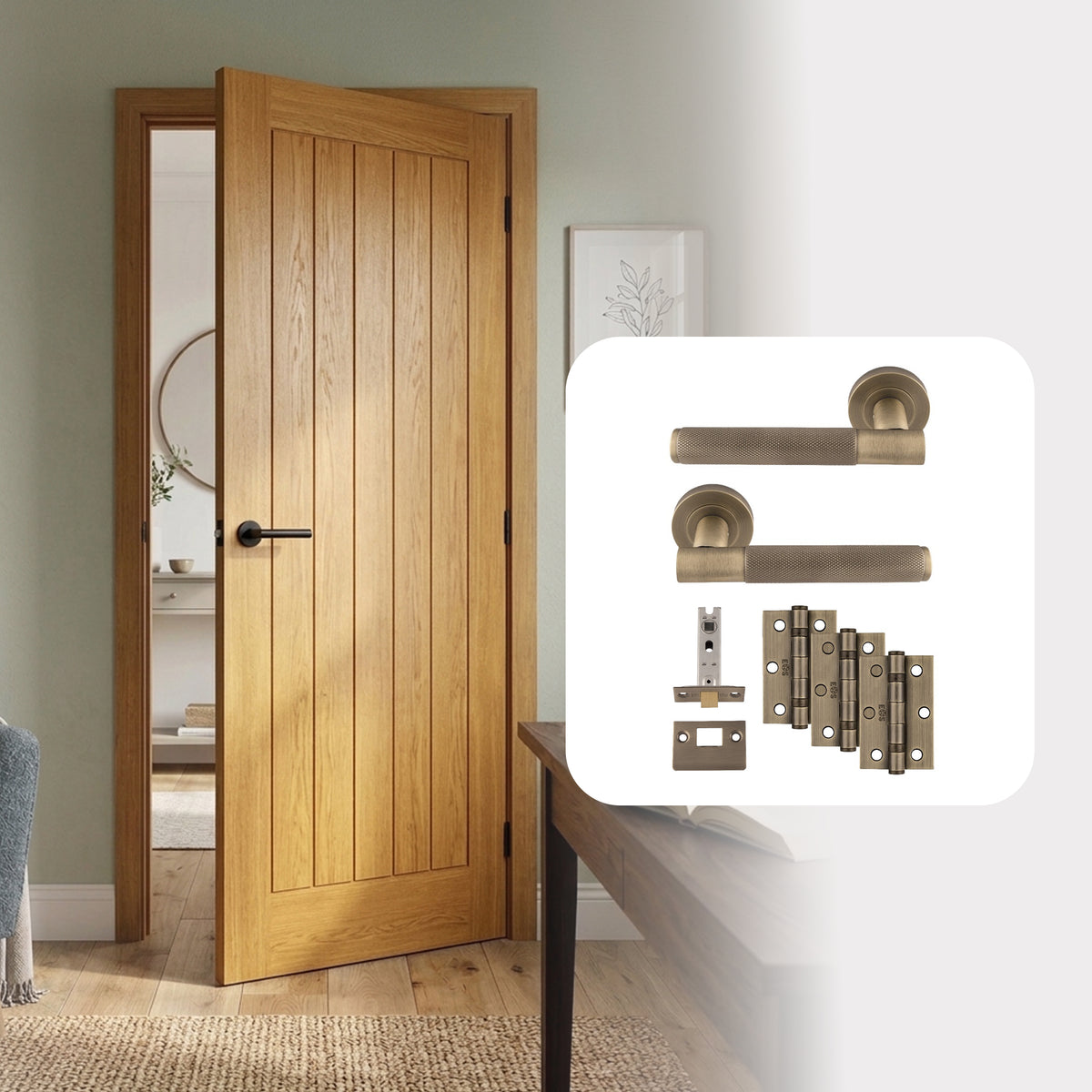 Pre-Finished Oak Tuscany Cottage Style FD30 Fire Rated Internal Door with Handle Pack