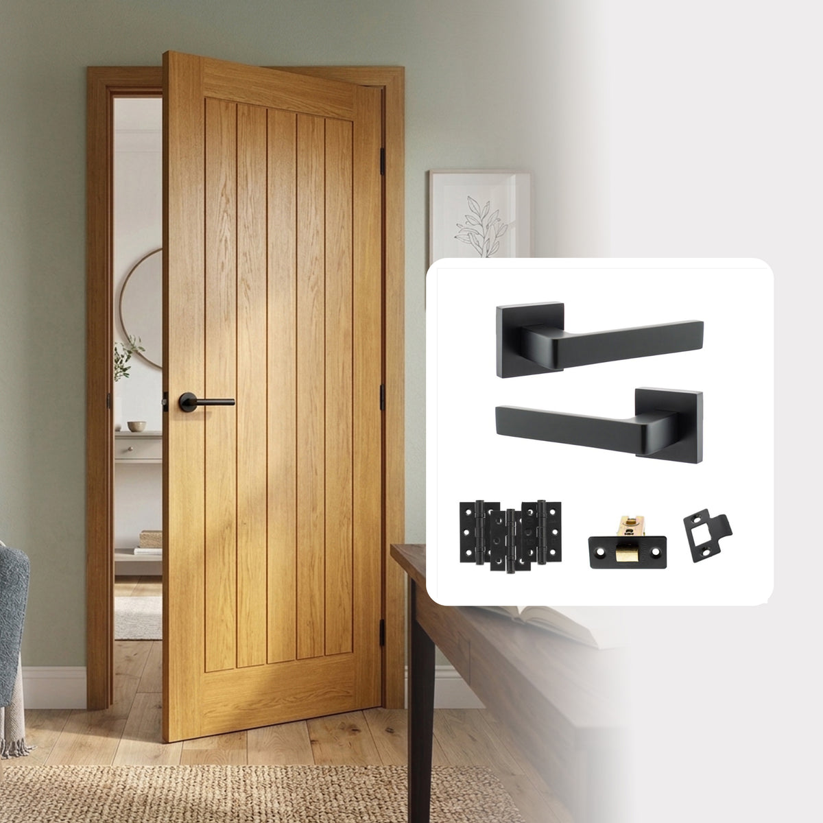 Pre-Finished Oak Tuscany Cottage Style FD30 Fire Rated Internal Door with Handle Pack