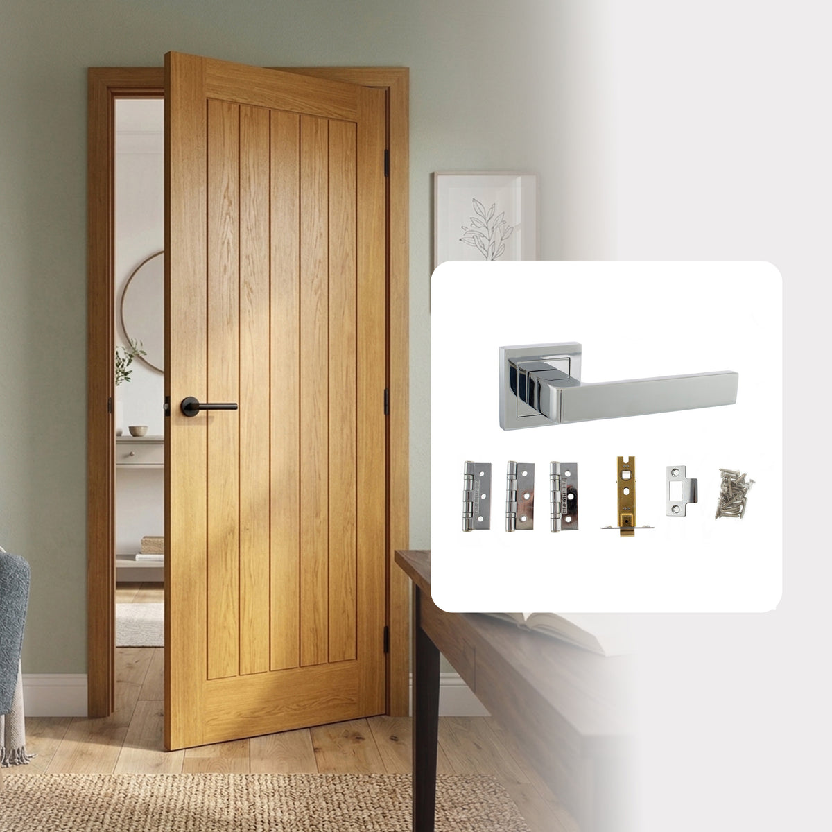 Pre-Finished Oak Tuscany Cottage Style FD30 Fire Rated Internal Door with Handle Pack