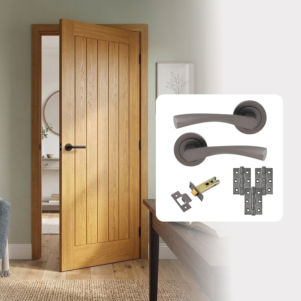Pre-Finished Oak Tuscany Cottage Style FD30 Fire Rated Internal Door with Handle Pack
