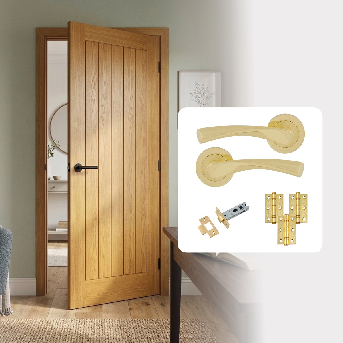 Pre-Finished Oak Tuscany Cottage Style FD30 Fire Rated Internal Door with Handle Pack