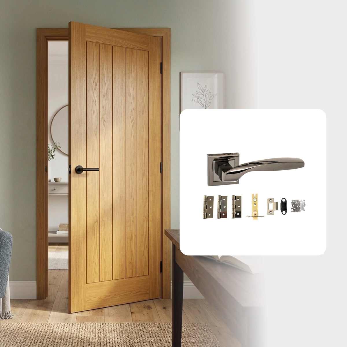 Pre-Finished Oak Tuscany Cottage Style FD30 Fire Rated Internal Door with Handle Pack