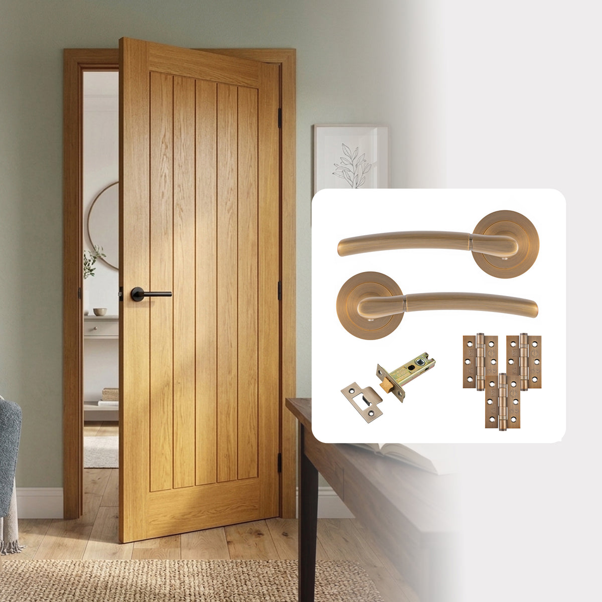 Pre-Finished Oak Tuscany Cottage Style FD30 Fire Rated Internal Door with Handle Pack