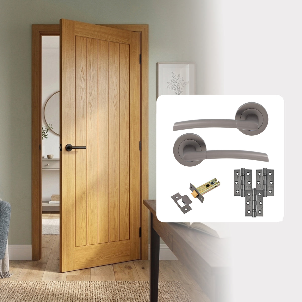 Pre-Finished Oak Tuscany Cottage Style FD30 Fire Rated Internal Door with Handle Pack