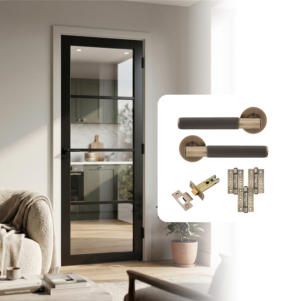 Fully Finished Black Laminate Rome 4L Clear Glazed Internal Door with Handle Pack
