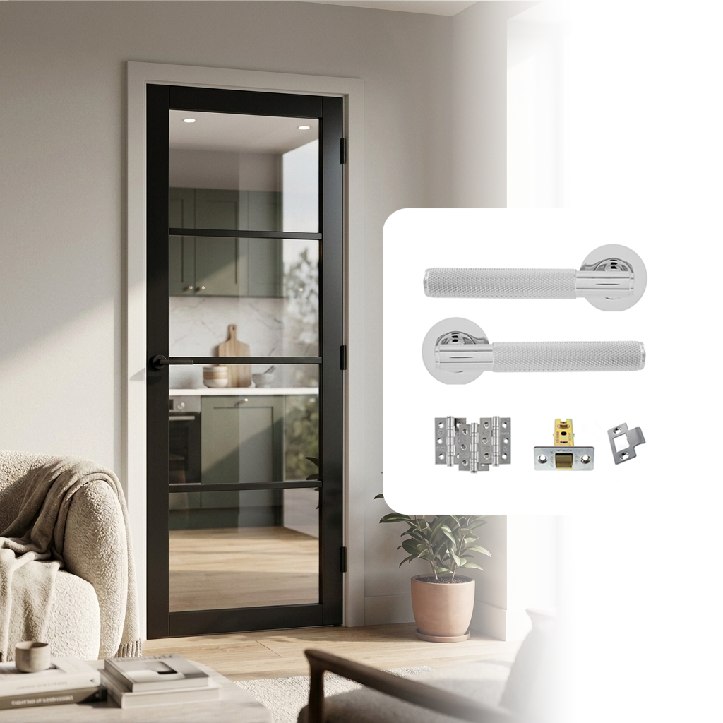 Fully Finished Black Laminate Rome 4L Clear Glazed Internal Door with Handle Pack