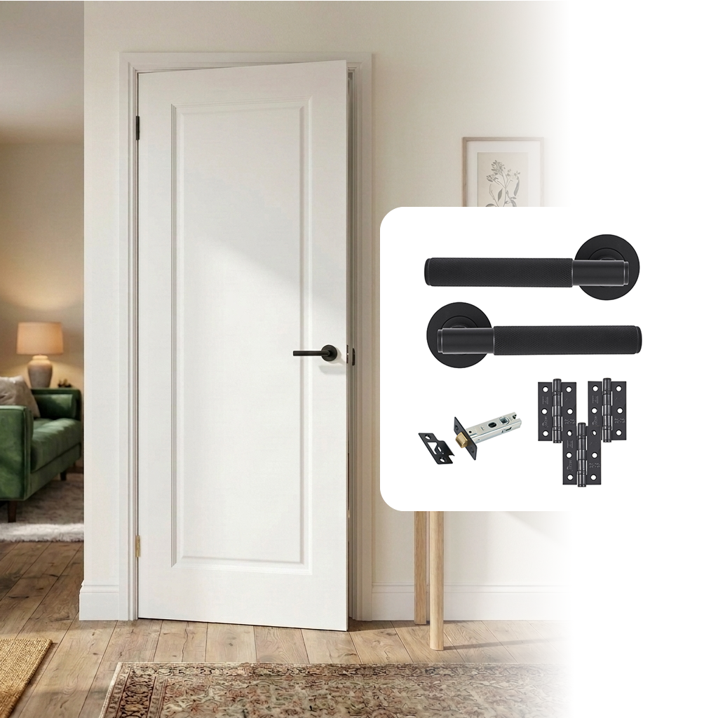 White Primed Smooth Moulded 1 Panel Hollow Core Internal Door with Handle Pack