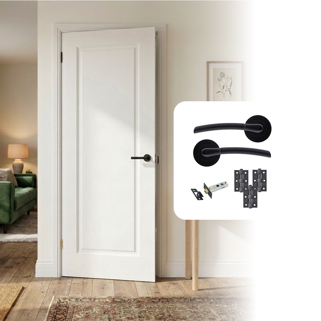 White Primed Smooth Moulded 1 Panel Hollow Core Internal Door with Handle Pack