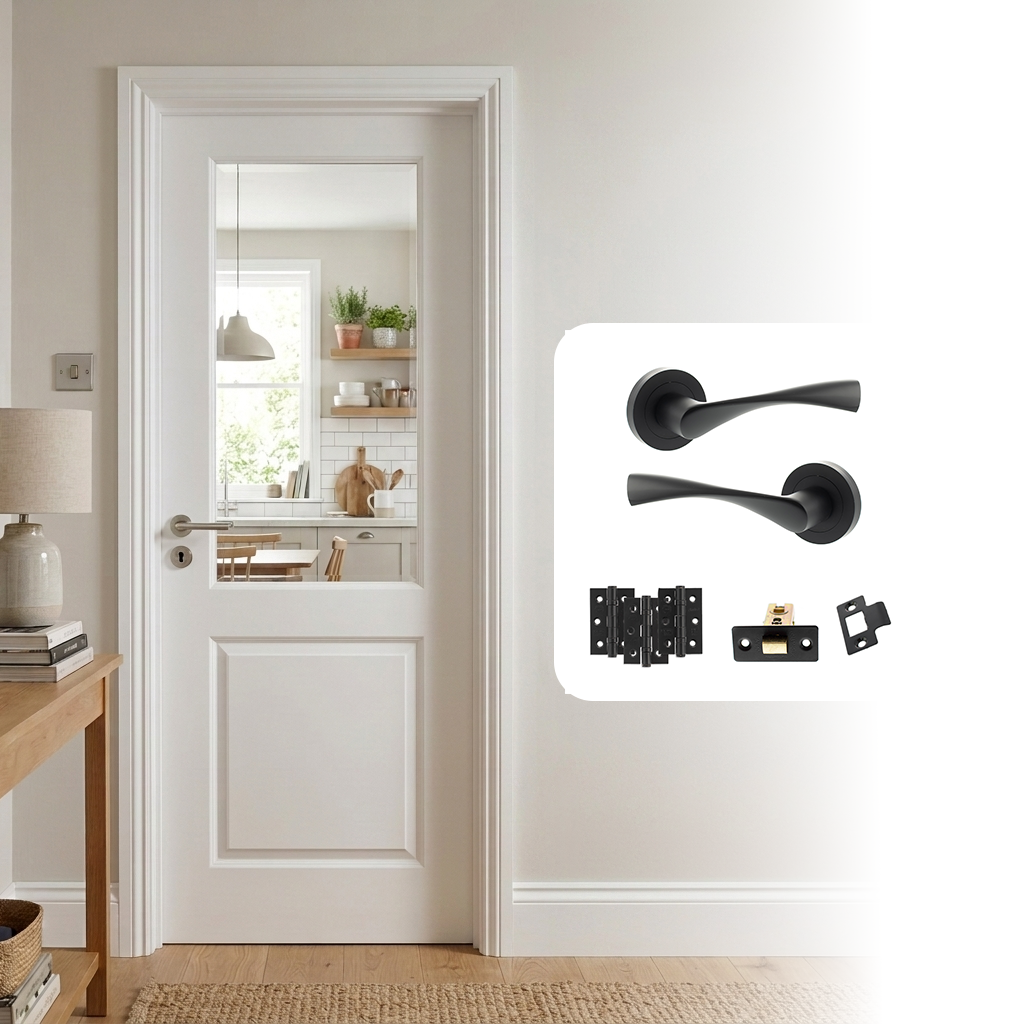 White Primed Smooth 2 Panel Clear Glazed Hollow Core Internal Door with Handle Pack