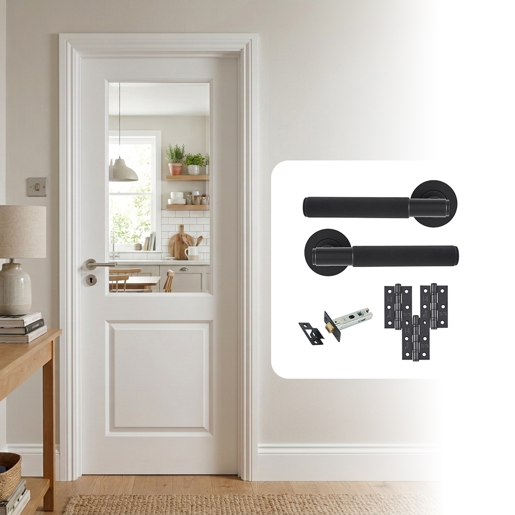 White Primed Smooth 2 Panel Clear Glazed Hollow Core Internal Door with Handle Pack