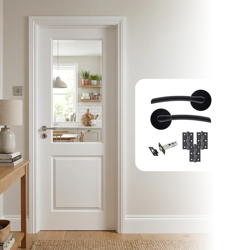 White Primed Smooth 2 Panel Clear Glazed Hollow Core Internal Door with Handle Pack