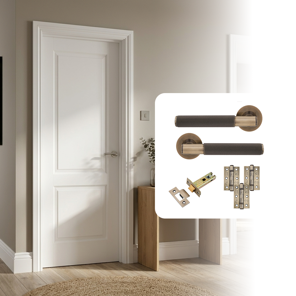 White Primed Smooth 2 Panel Hollow Core Internal Door with Handle Pack
