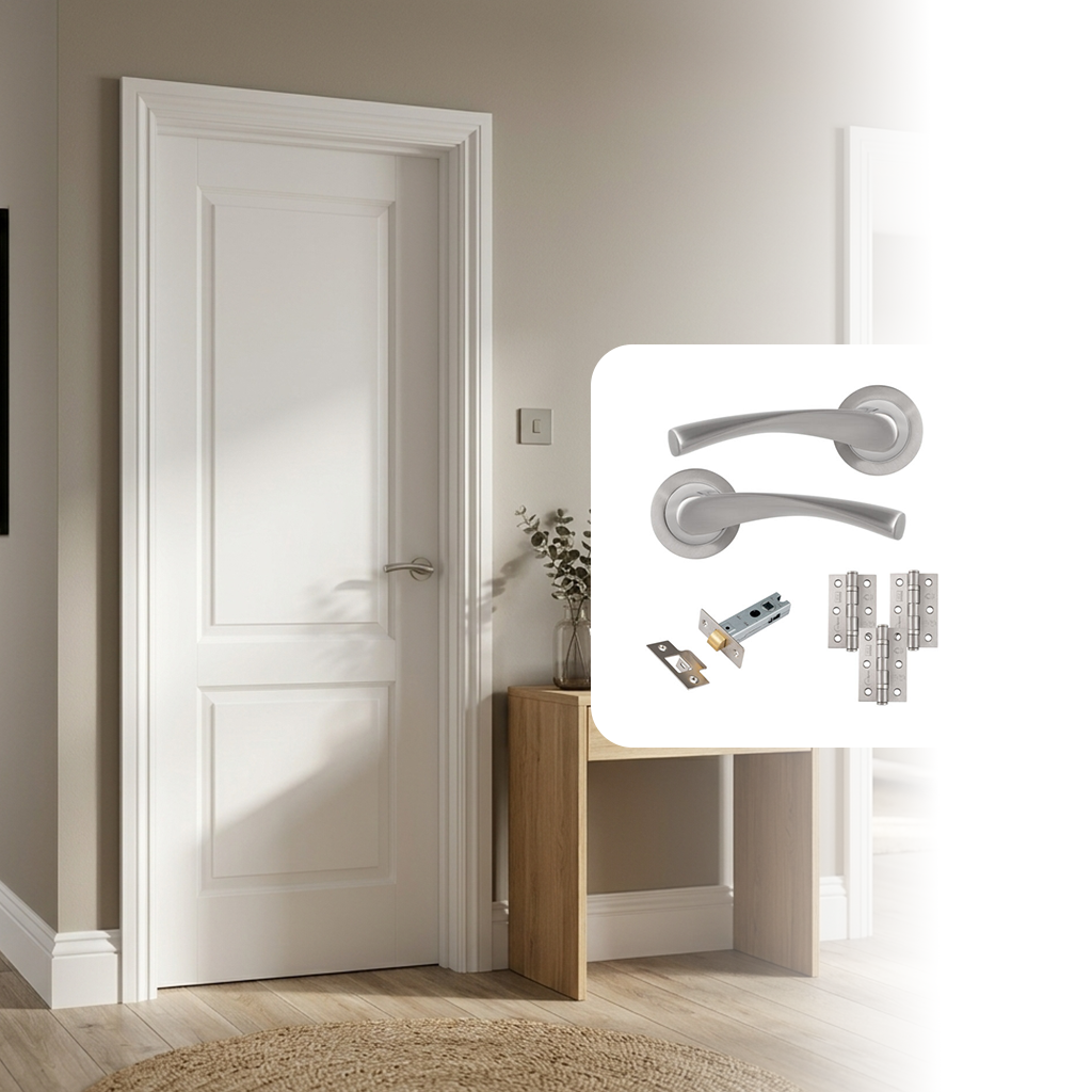 White Primed Smooth 2 Panel Hollow Core Internal Door with Handle Pack