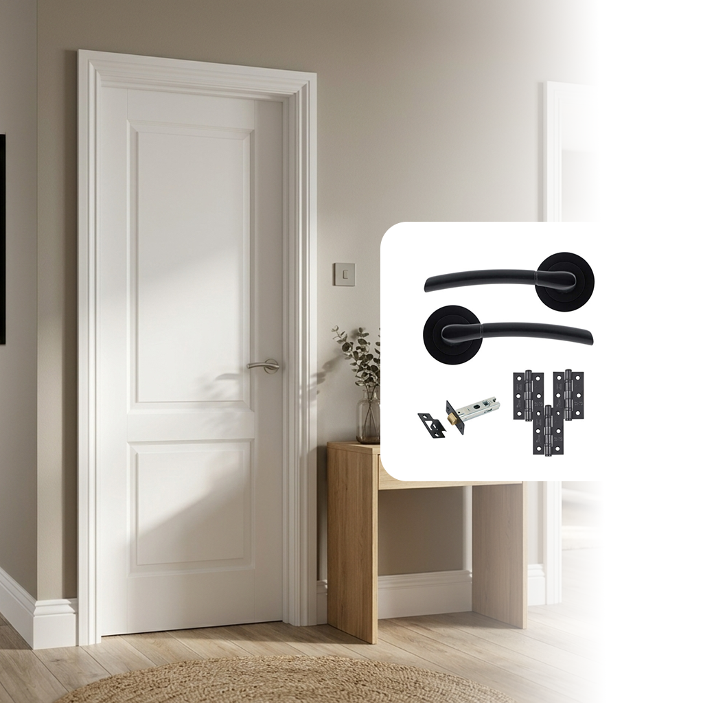 White Primed Smooth 2 Panel Hollow Core Internal Door with Handle Pack