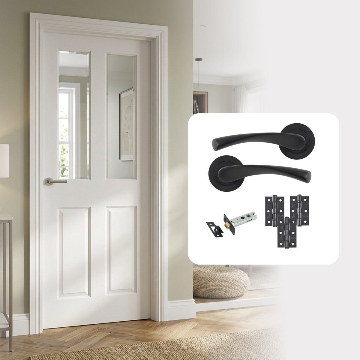 White Primed Moulded Hollow Core Smooth Ashford 2L Clear Glazed Internal Door with Handle Pack