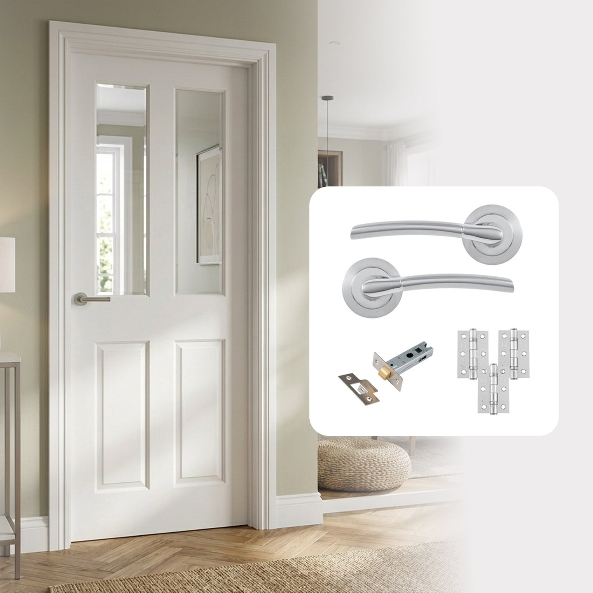 White Primed Moulded Hollow Core Smooth Ashford 2L Clear Glazed Internal Door with Handle Pack