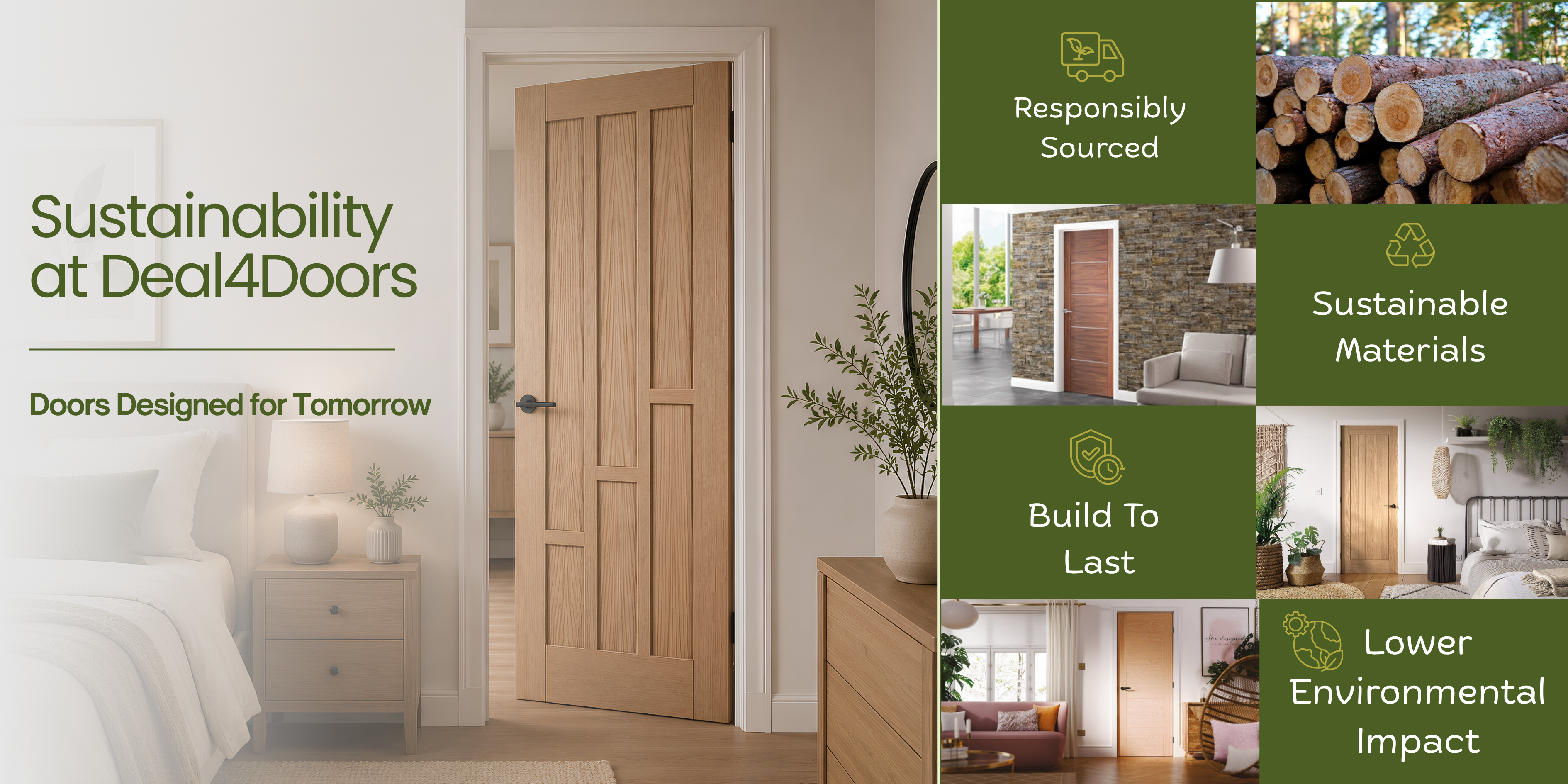 Deal4Doors sustainability page showcasing a premium wooden door, responsibly sourced timber, sustainable materials, durable craftsmanship, and commitment to reducing environmental impact.