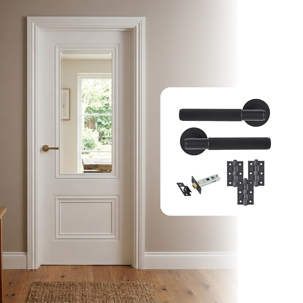 Fully Finished White Laminate 1L Clear Glazed Lyon Internal Door with Handle Pack