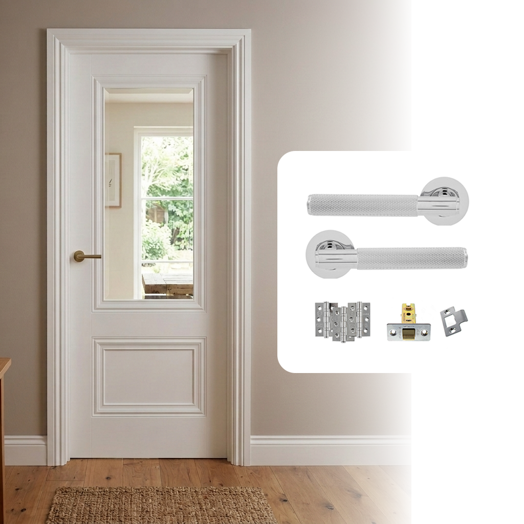 Fully Finished White Laminate 1L Clear Glazed Lyon Internal Door with Handle Pack