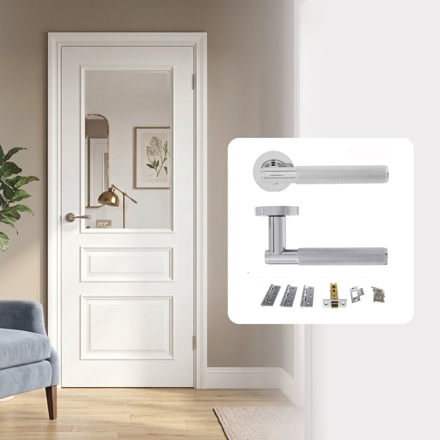 Fully Finished White Royal 3P Clear Glazed Internal Door with Handle Pack