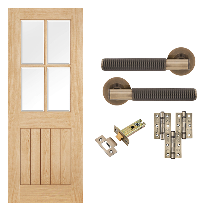 Unfinished Oak Cottage 4L Glazed Internal Door & Handle Pack Bundle