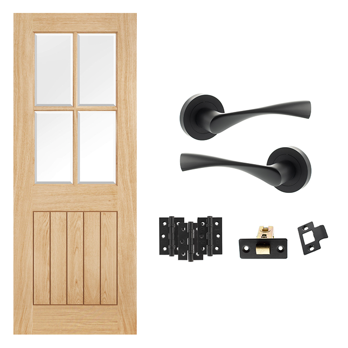 Unfinished Oak Cottage 4L Glazed Internal Door & Handle Pack Bundle