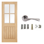 Unfinished Oak Cottage 4L Glazed Internal Door & Handle Pack Bundle