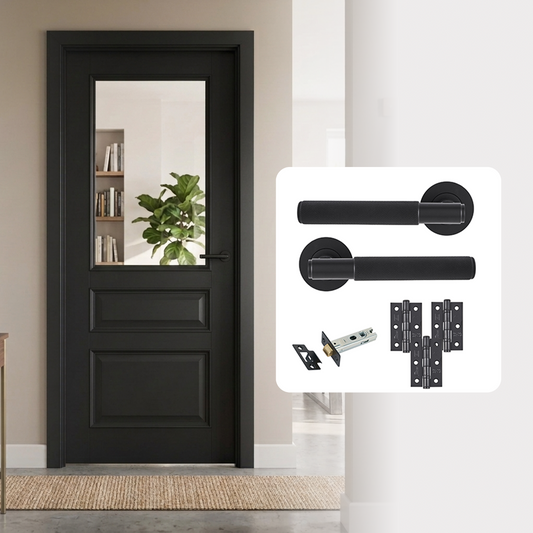 Fully Finished Black Royale Glazed Internal Door with Handle Pack