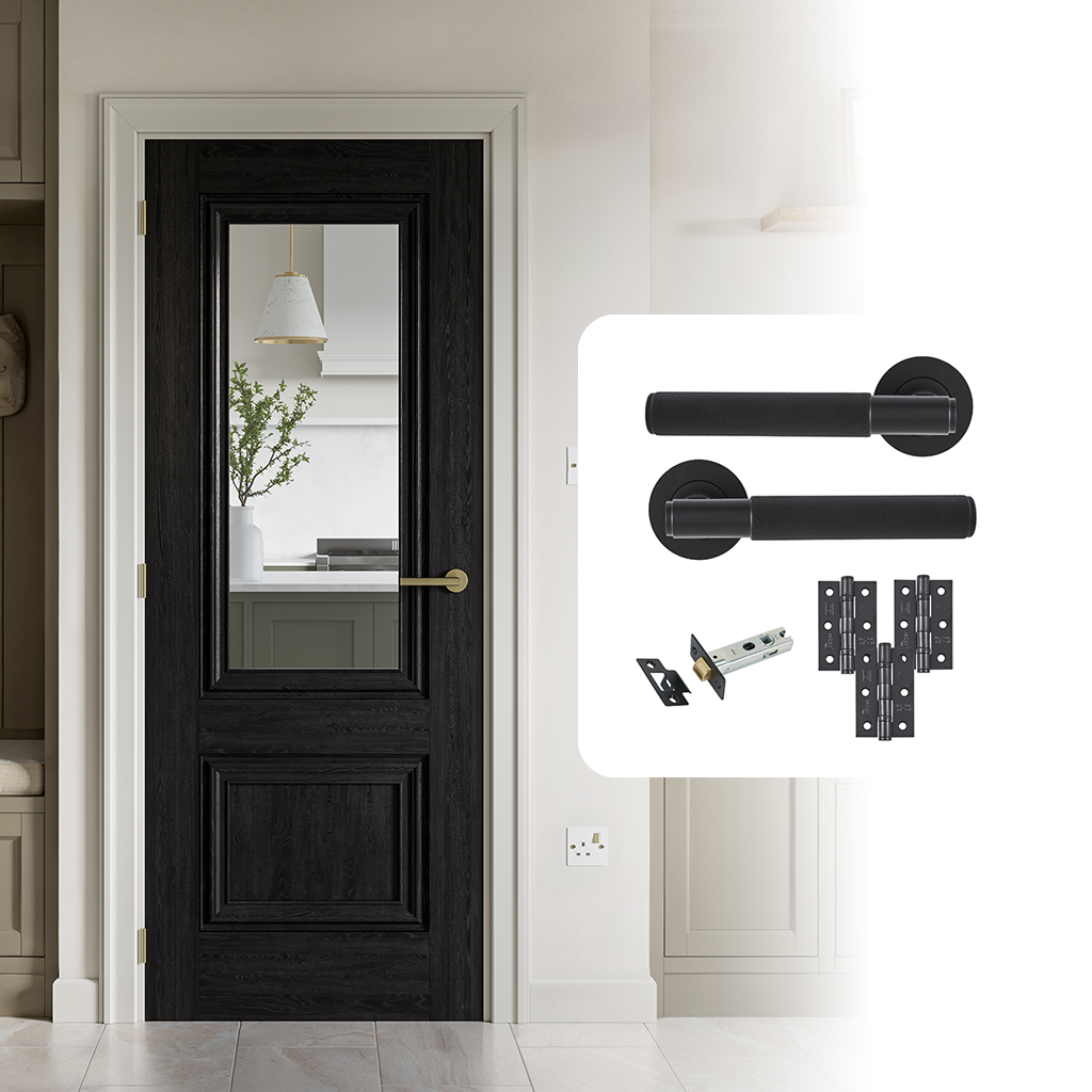 Fully Finished Black Laminate Burghley Clear Glazed Internal Door with Handle Pack