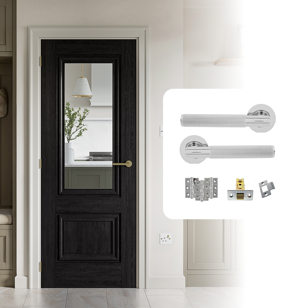 Fully Finished Black Laminate Burghley Clear Glazed Internal Door with Handle Pack