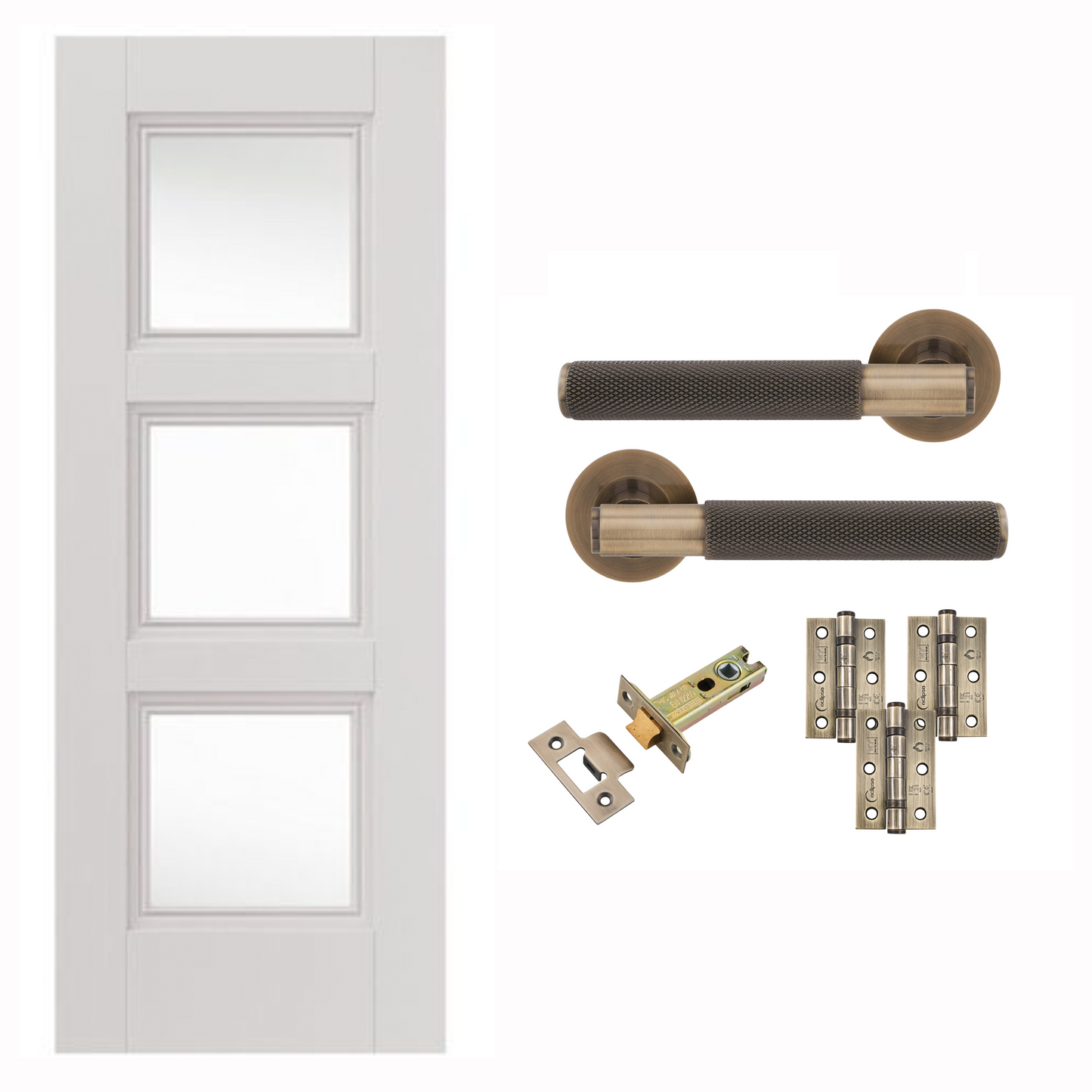 White Primed Catton 3 Panel Clear Glazed Internal Door with Handle Pack