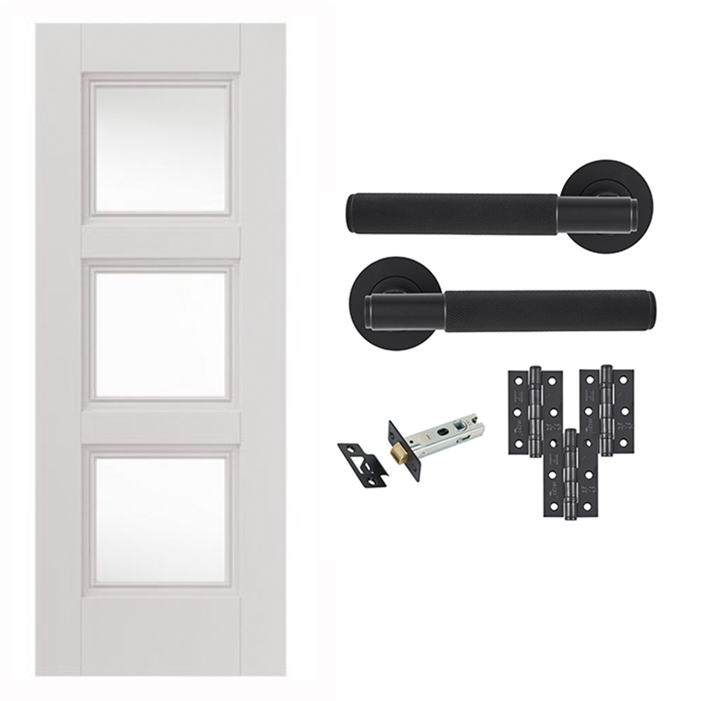 White Primed Catton 3 Panel Clear Glazed Internal Door with Handle Pack