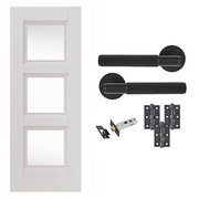 White Primed Catton 3 Panel Clear Glazed Internal Door with Handle Pack