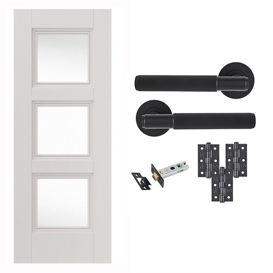 White Primed Catton 3 Panel Clear Glazed Internal Door with Handle Pack