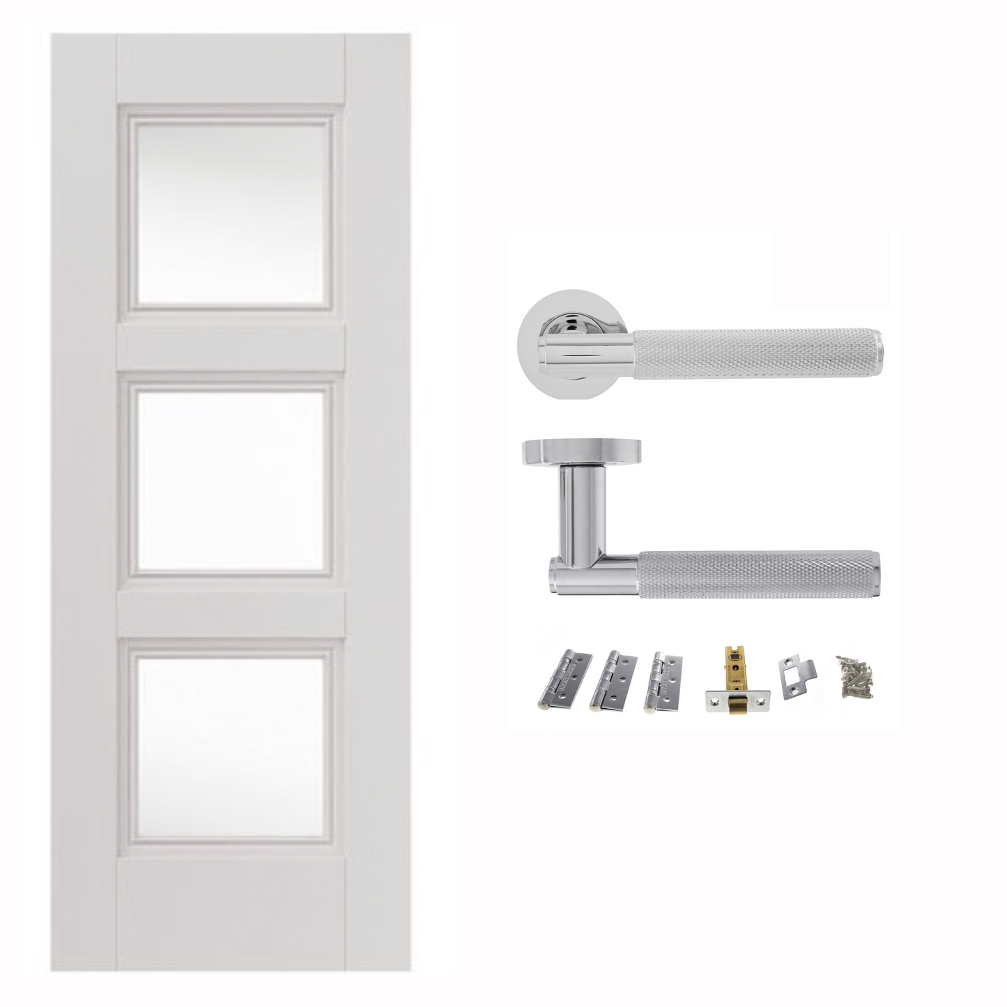 White Primed Catton 3 Panel Clear Glazed Internal Door with Handle Pack